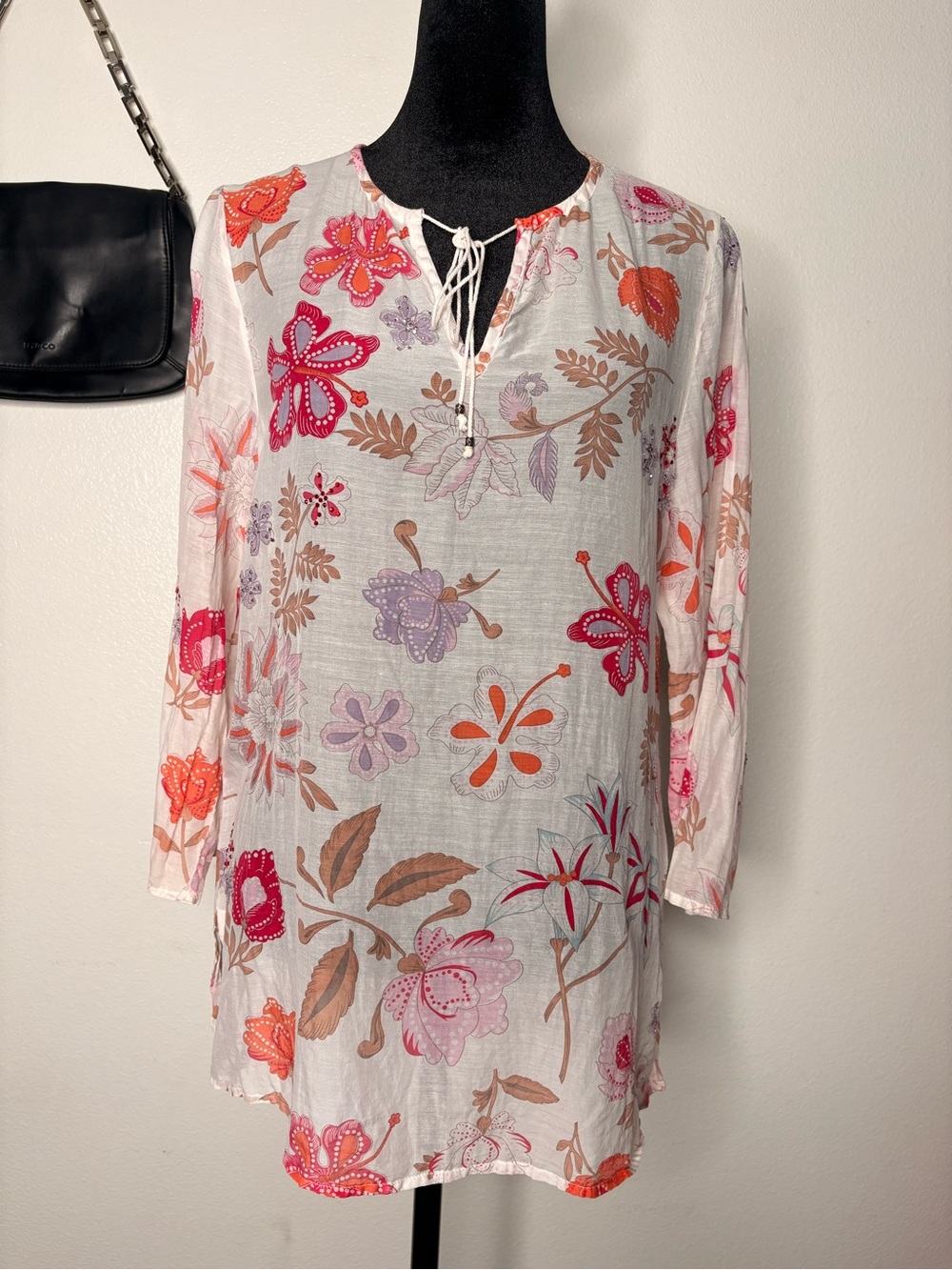Express Floral Tie-Neck Tunic Top - Pink, Orange & Purple